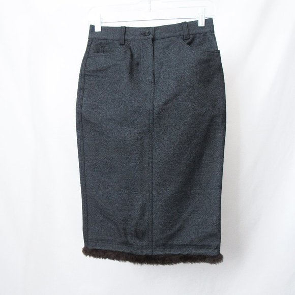 DOLCE & GABBANA Denim Pencil Skirt Faux Fur Trim Slim Fit Y2K Size-2 XS - Picture 1 of 12